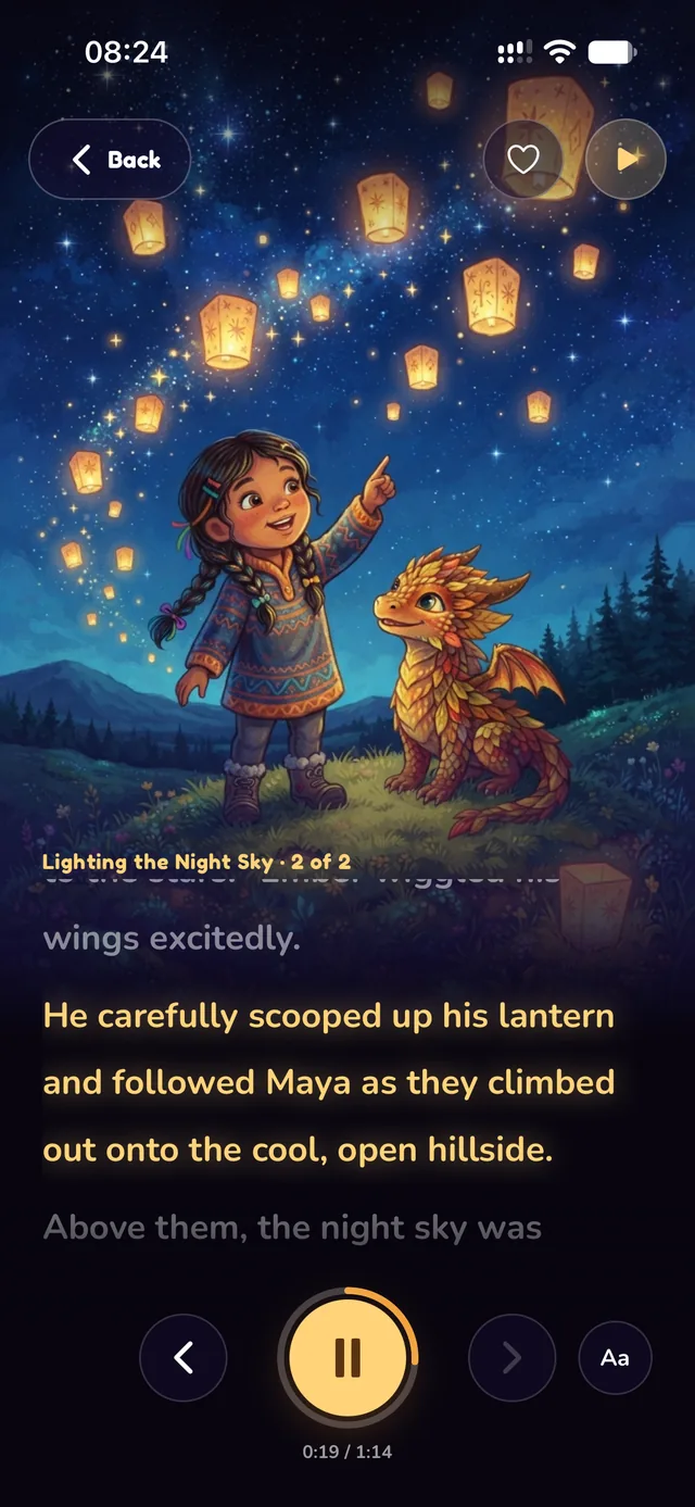 A WanderKid story page: an illustration of a girl and a small dragon with sky lanterns, and the sentence being read aloud highlighted in gold