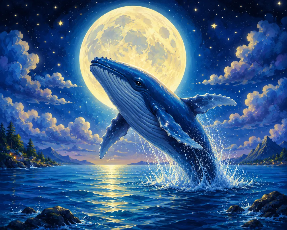 Storybook illustration of a whale leaping in front of a full moon